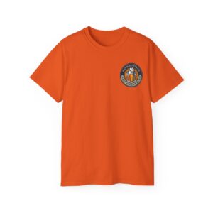 Orange T-shirt with 'No Bad Days Club' logo and a detailed illustration of a beers and great ales displayed on a plain background.