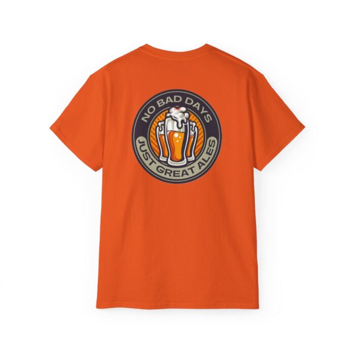 Orange T-shirt with 'No Bad Days Club' logo and a detailed illustration of a beers and great ales displayed on a plain background.